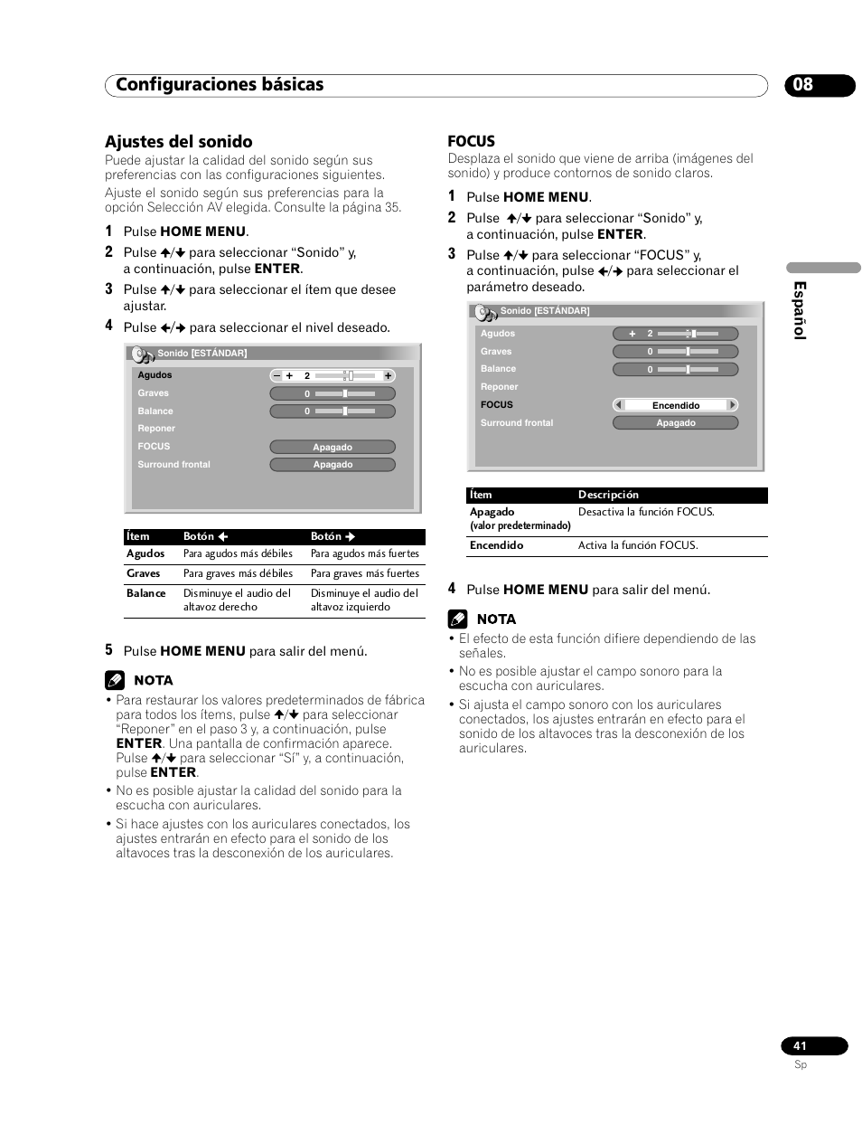 Ajustes del sonido, Focus, 08 configuraciones básicas | Español | Pioneer PDP-435HDG User Manual | Page 107 / 265