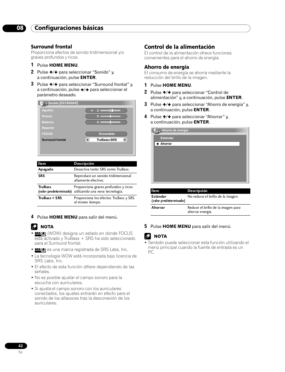 Surround frontal, Control de la alimentación, Ahorro de energía | 08 configuraciones básicas | Pioneer PDP-435HDG User Manual | Page 108 / 265