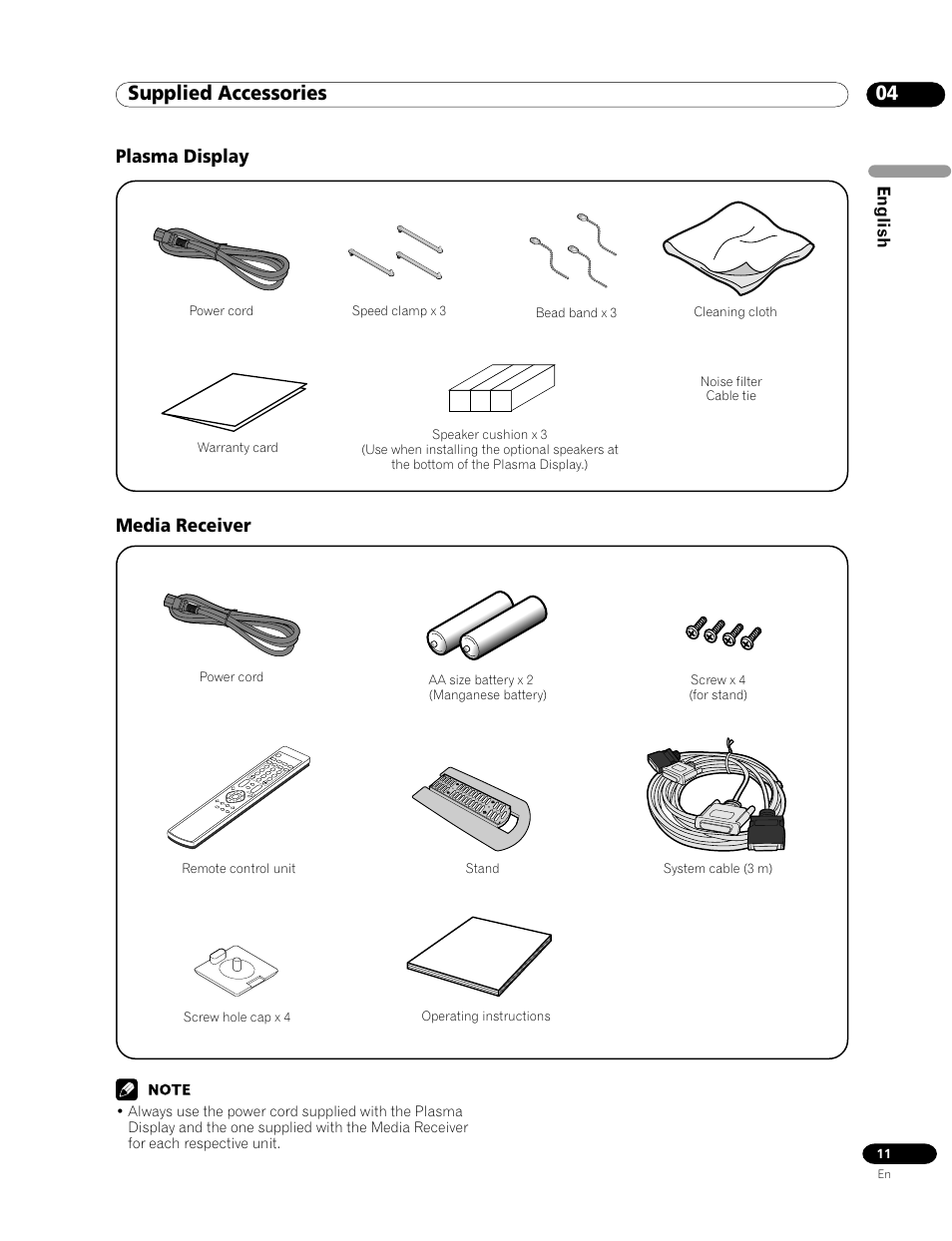 04 supplied accessories, Plasma display media receiver | Pioneer PDP-435HDG User Manual | Page 11 / 265