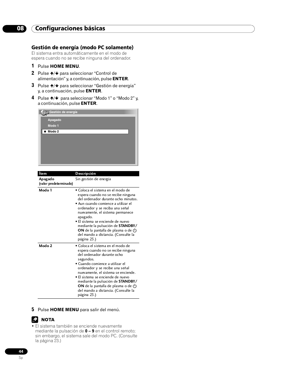 Gestión de energía (modo pc solamente), 08 configuraciones básicas | Pioneer PDP-435HDG User Manual | Page 110 / 265