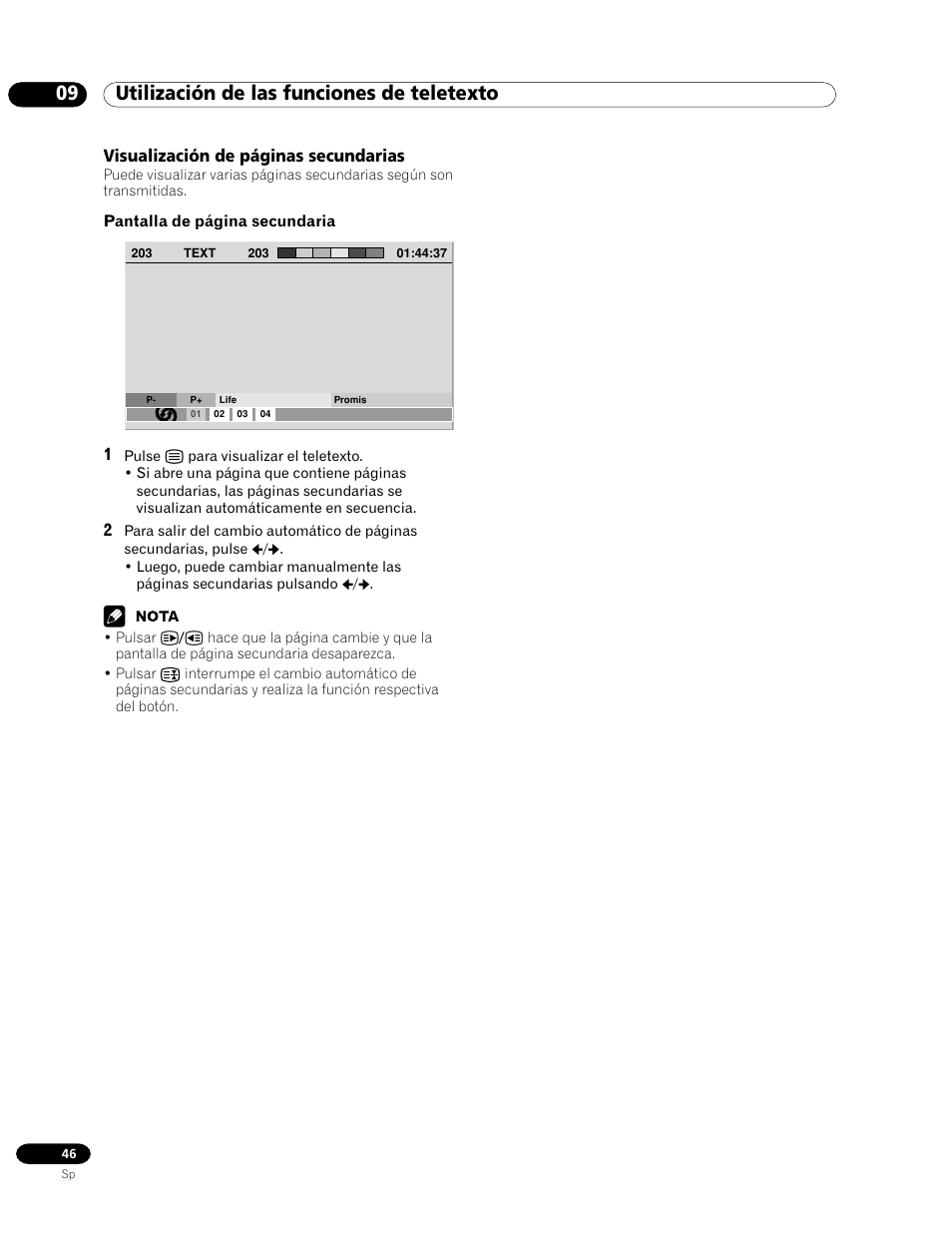 09 utilización de las funciones de teletexto, Visualización de páginas secundarias | Pioneer PDP-435HDG User Manual | Page 112 / 265