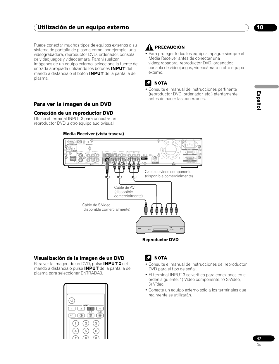 10 utilización de un equipo externo, Para ver la imagen de un dvd, Español | Conexión de un reproductor dvd, Visualización de la imagen de un dvd | Pioneer PDP-435HDG User Manual | Page 113 / 265