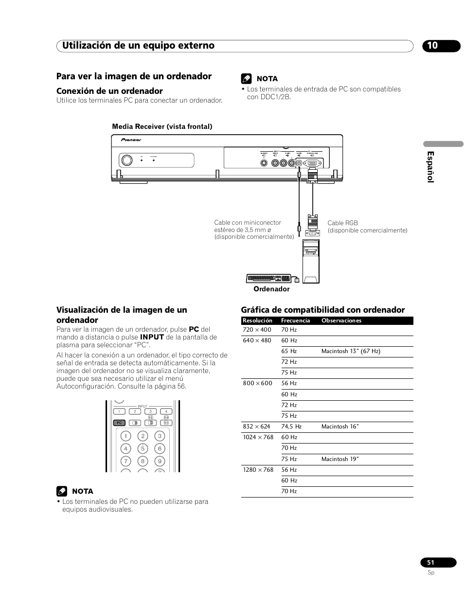 Para ver la imagen de un ordenador, 10 utilización de un equipo externo, Español | Conexión de un ordenador, Visualización de la imagen de un ordenador, Gráfica de compatibilidad con ordenador | Pioneer PDP-435HDG User Manual | Page 117 / 265