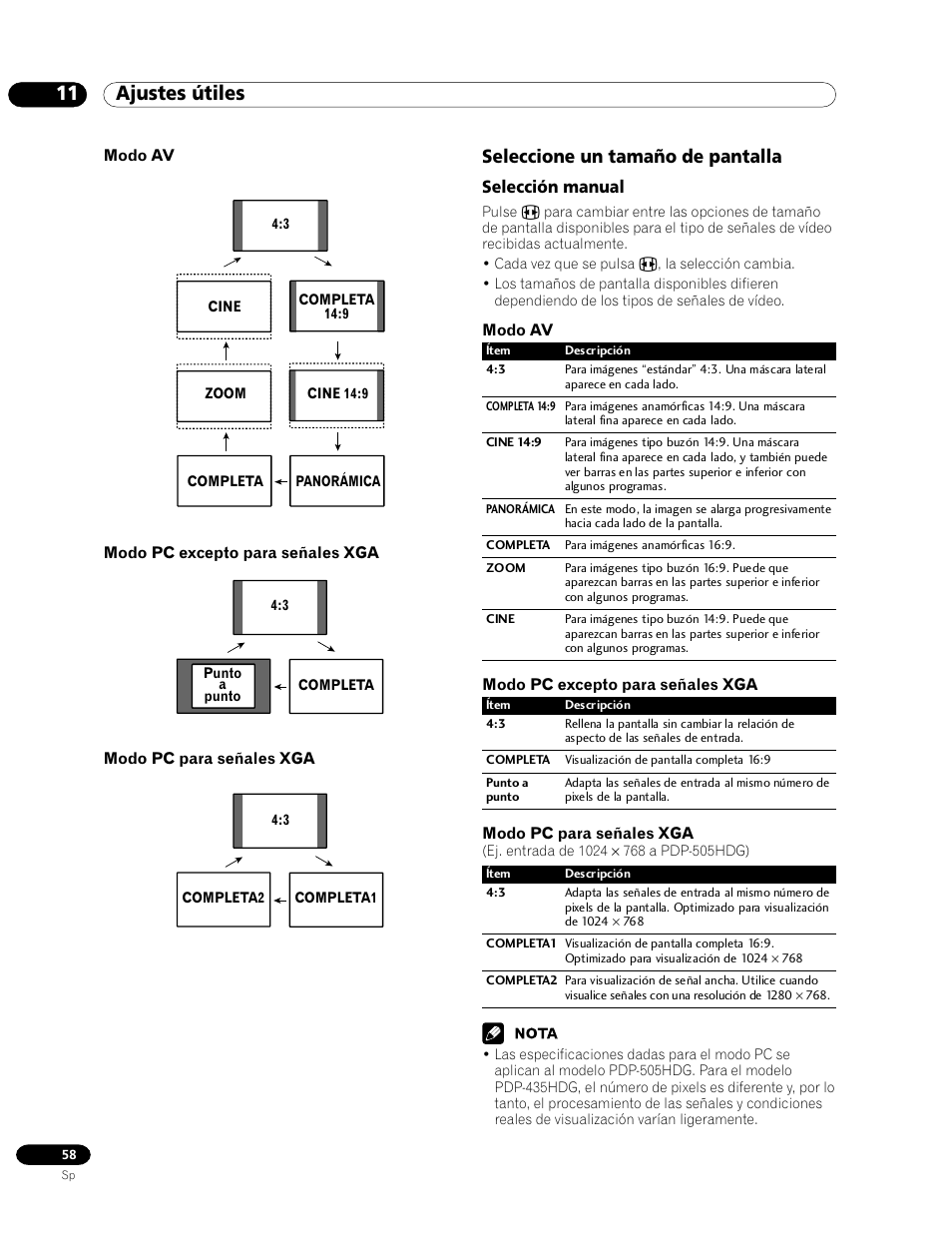 Seleccione un tamaño de pantalla, Selección manual, 11 ajustes útiles | Pioneer PDP-435HDG User Manual | Page 124 / 265