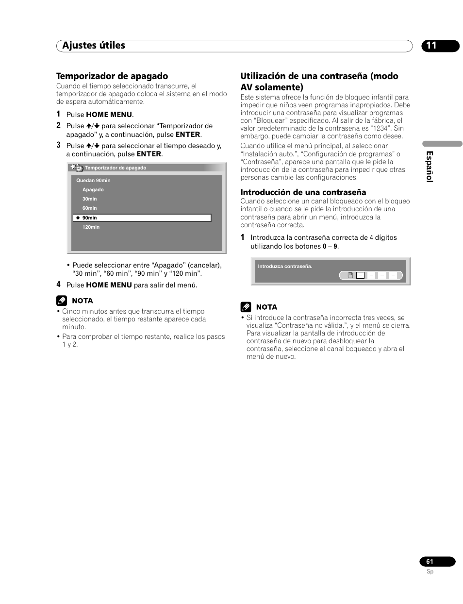 Introducción de una contraseña, 11 ajustes útiles, Temporizador de apagado | Utilización de una contraseña (modo av solamente) | Pioneer PDP-435HDG User Manual | Page 127 / 265
