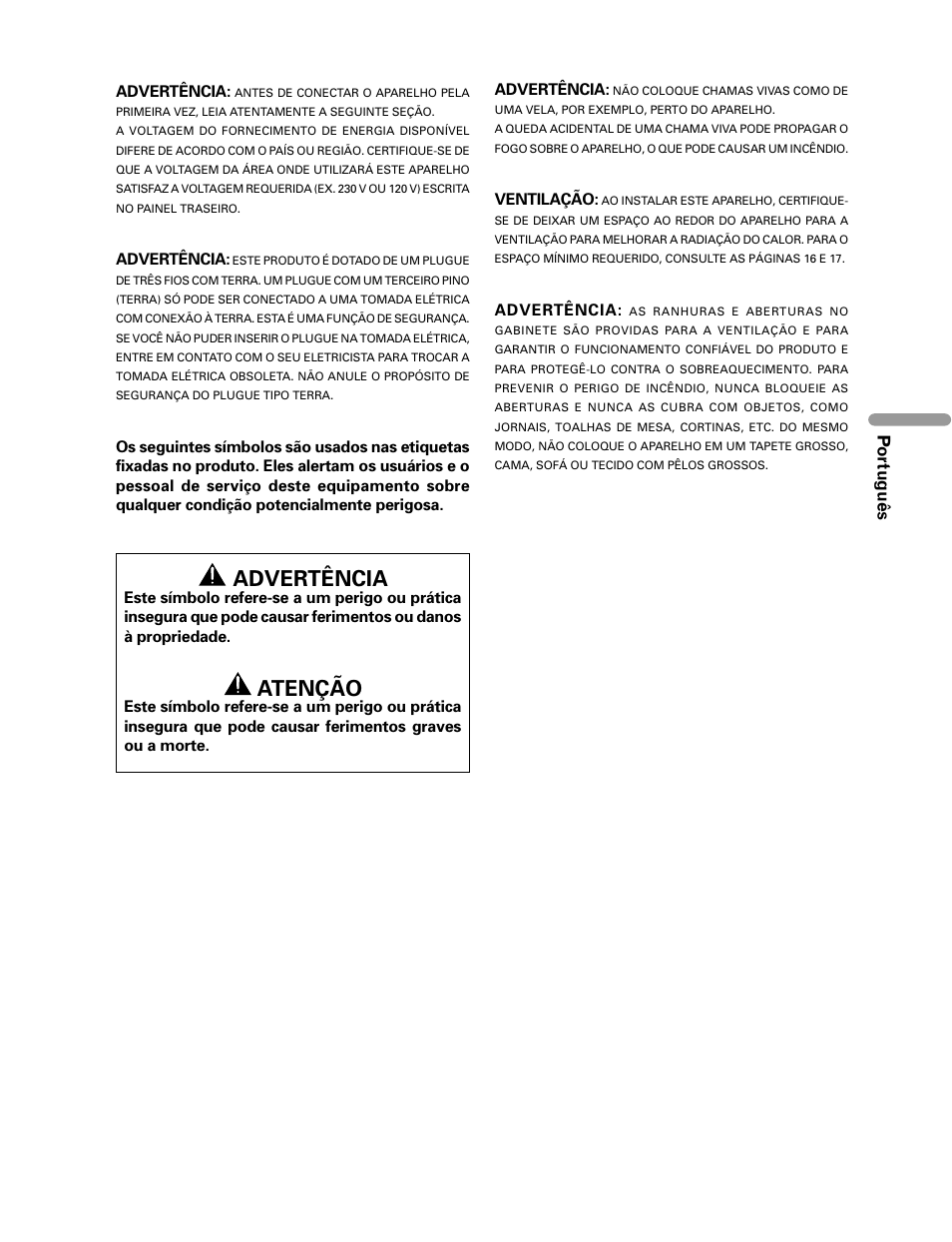 Advertência, Atenção, Português | Pioneer PDP-435HDG User Manual | Page 135 / 265