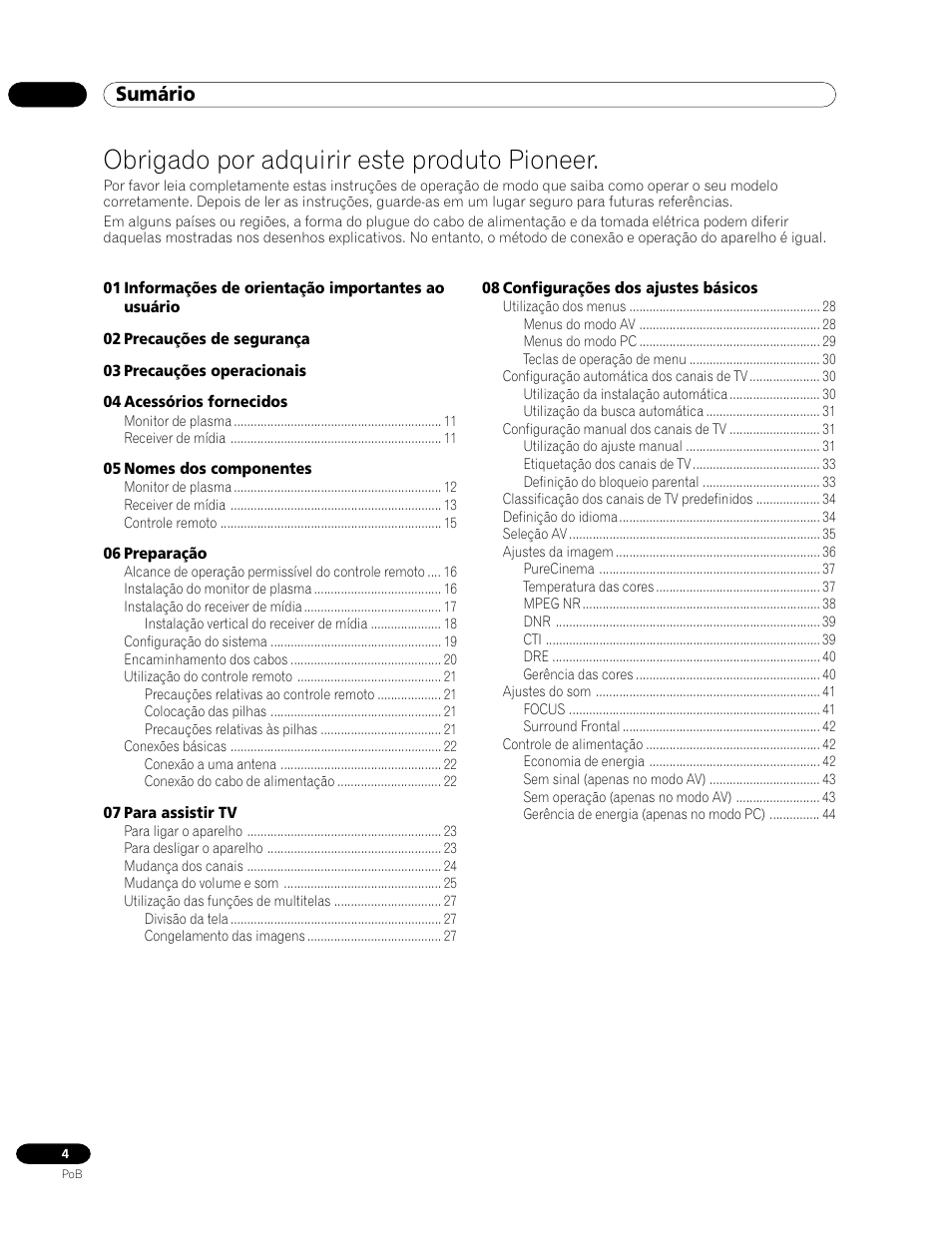 Manual de instruções, Obrigado por adquirir este produto pioneer, Sumário | Pioneer PDP-435HDG User Manual | Page 136 / 265