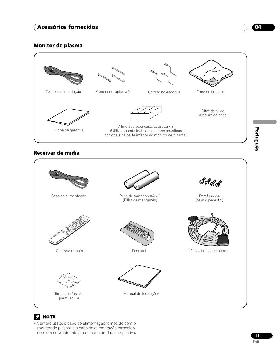 04 acessórios fornecidos, Monitor de plasma receiver de mídia | Pioneer PDP-435HDG User Manual | Page 143 / 265