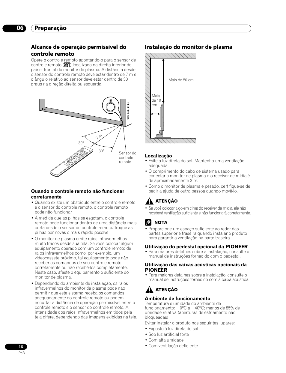 06 preparação, Instalação do monitor de plasma, Alcance de operação permissível do controle remoto | Pioneer PDP-435HDG User Manual | Page 148 / 265