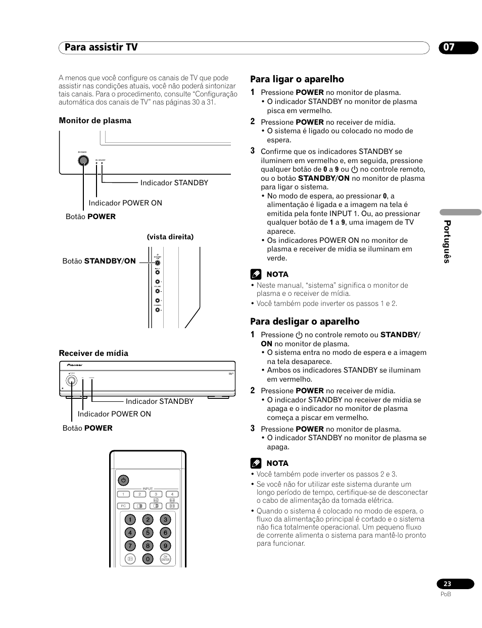 07 para assistir tv, Para ligar o aparelho para desligar o aparelho, Para ligar o aparelho | Para desligar o aparelho | Pioneer PDP-435HDG User Manual | Page 155 / 265