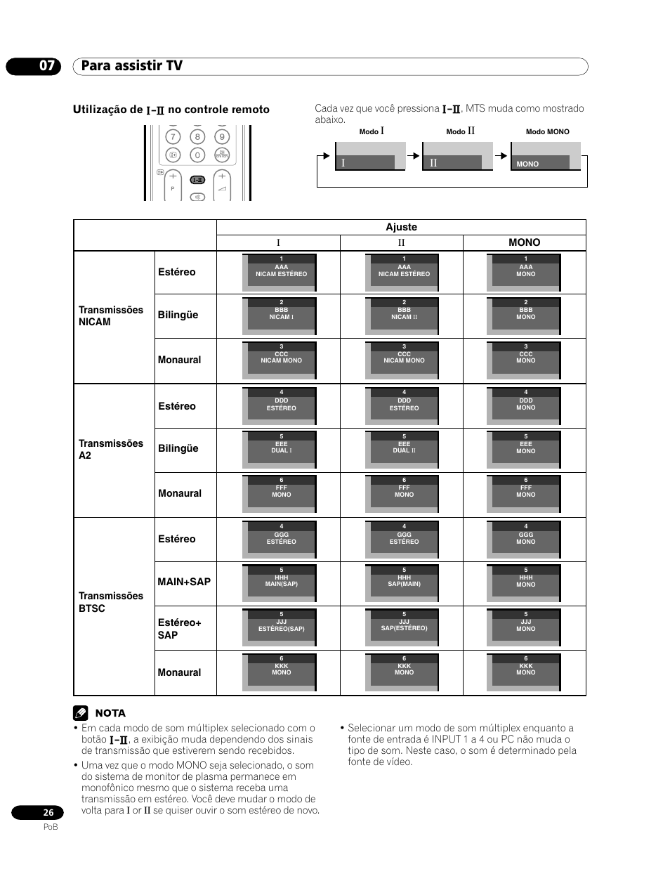 07 para assistir tv, Utilização de, No controle remoto | Mts muda como mostrado abaixo, Estéreo bilingüe monaural, Estéreo main+sap estéreo+ sap, Monaural ajuste mono pp p | Pioneer PDP-435HDG User Manual | Page 158 / 265