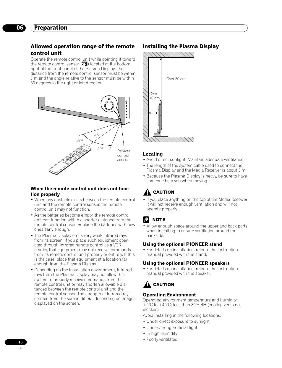 06 preparation, Installing the plasma display, Allowed operation range of the remote control unit | Pioneer PDP-435HDG User Manual | Page 16 / 265
