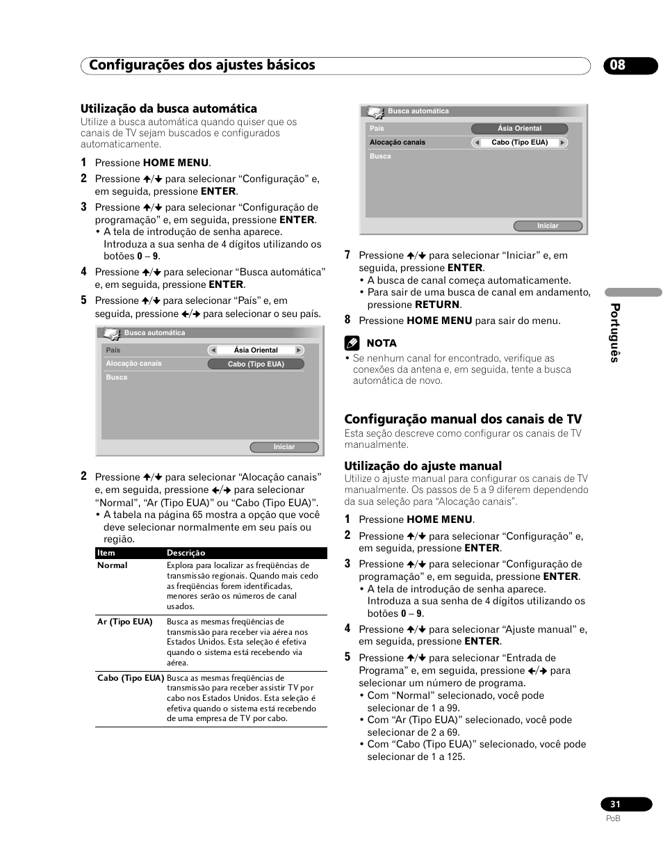 Utilização da busca automática, Configuração manual dos canais de tv, Utilização do ajuste manual | 08 configurações dos ajustes básicos | Pioneer PDP-435HDG User Manual | Page 163 / 265