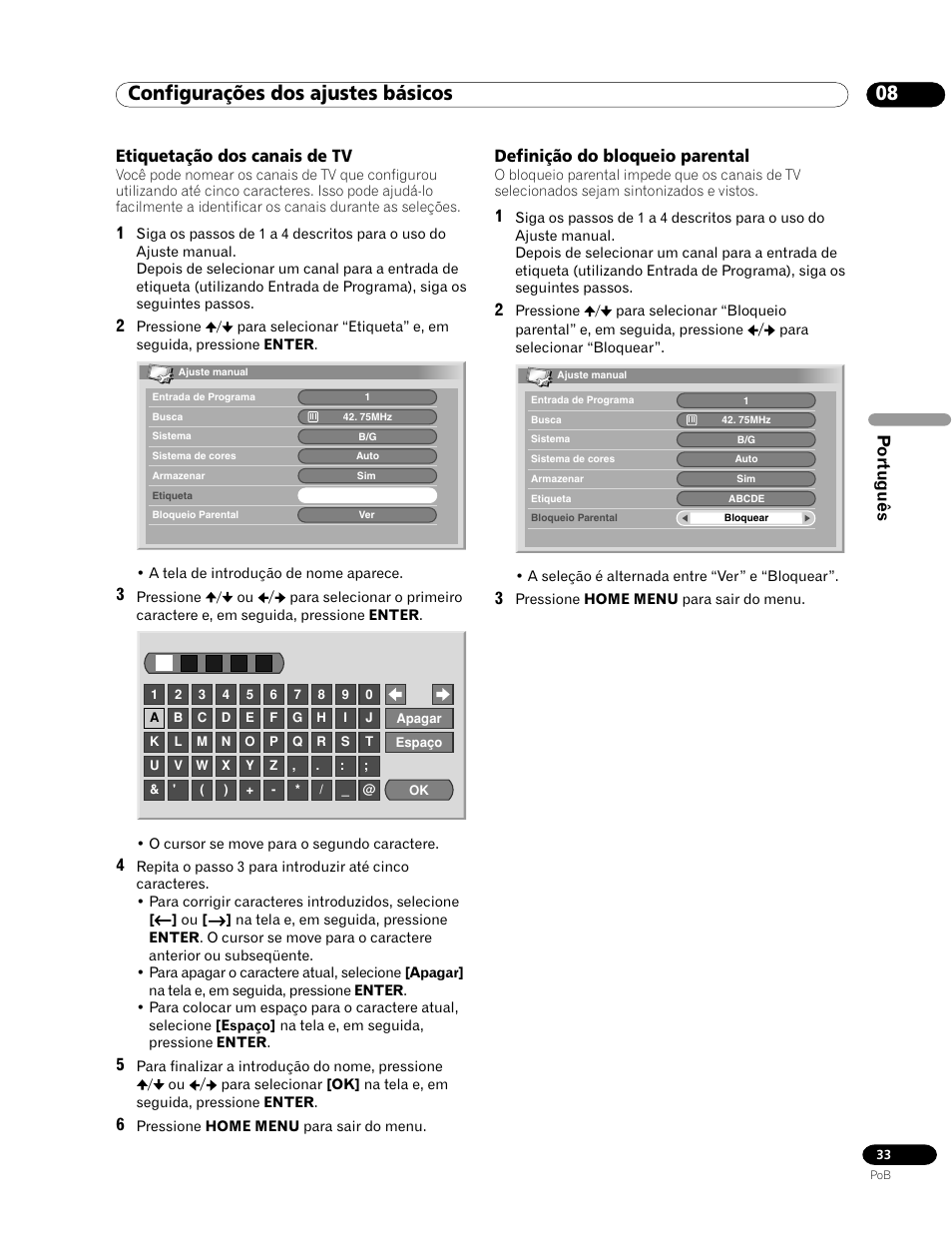 08 configurações dos ajustes básicos, Português, Etiquetação dos canais de tv | Definição do bloqueio parental | Pioneer PDP-435HDG User Manual | Page 165 / 265
