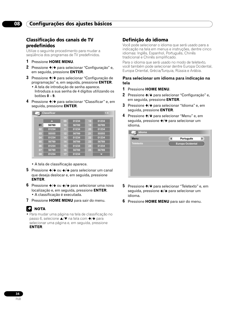 08 configurações dos ajustes básicos, Definição do idioma, Classificação dos canais de tv predefinidos | Para selecionar um idioma para indicação na tela | Pioneer PDP-435HDG User Manual | Page 166 / 265