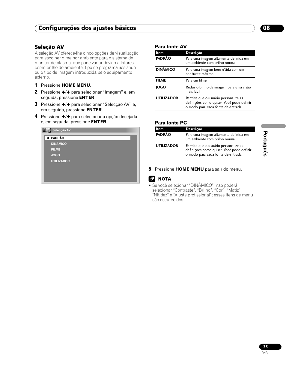 Seleção av, 08 configurações dos ajustes básicos | Pioneer PDP-435HDG User Manual | Page 167 / 265