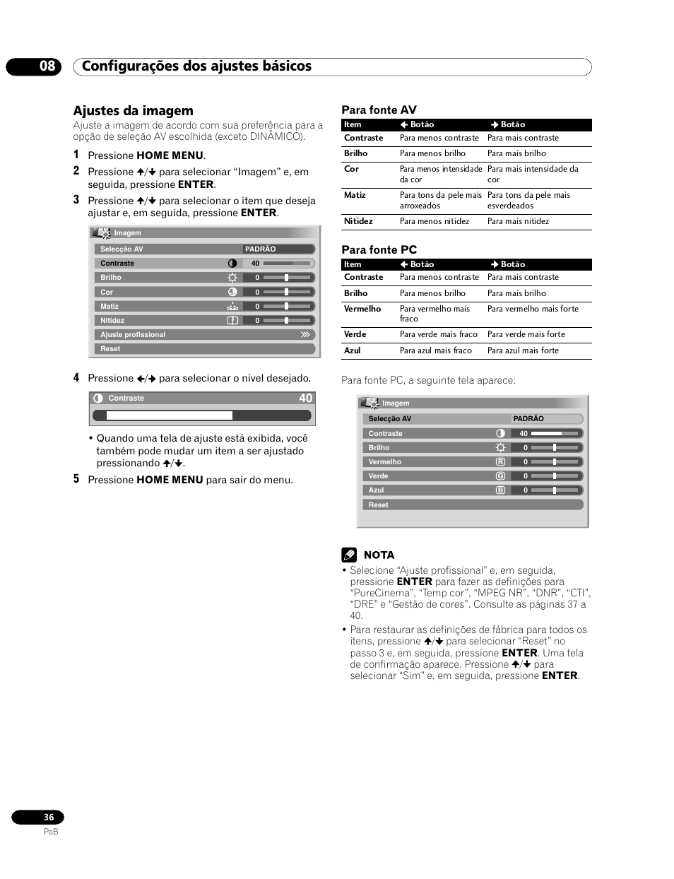 Ajustes da imagem, 08 configurações dos ajustes básicos | Pioneer PDP-435HDG User Manual | Page 168 / 265