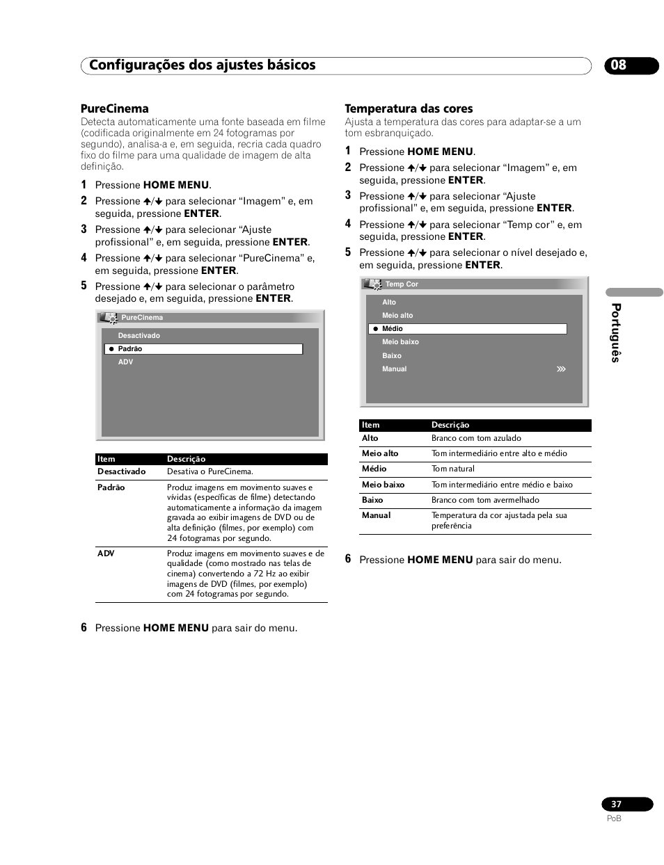 Purecinema temperatura das cores, 08 configurações dos ajustes básicos | Pioneer PDP-435HDG User Manual | Page 169 / 265