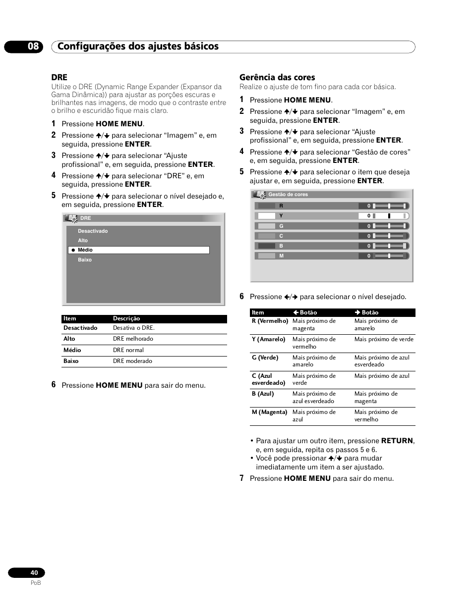 Dre gerência das cores, 08 configurações dos ajustes básicos, Gerência das cores | Pioneer PDP-435HDG User Manual | Page 172 / 265