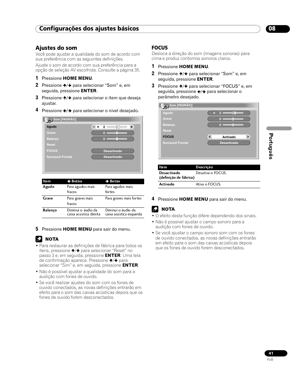 Ajustes do som, Focus, 08 configurações dos ajustes básicos | Português | Pioneer PDP-435HDG User Manual | Page 173 / 265