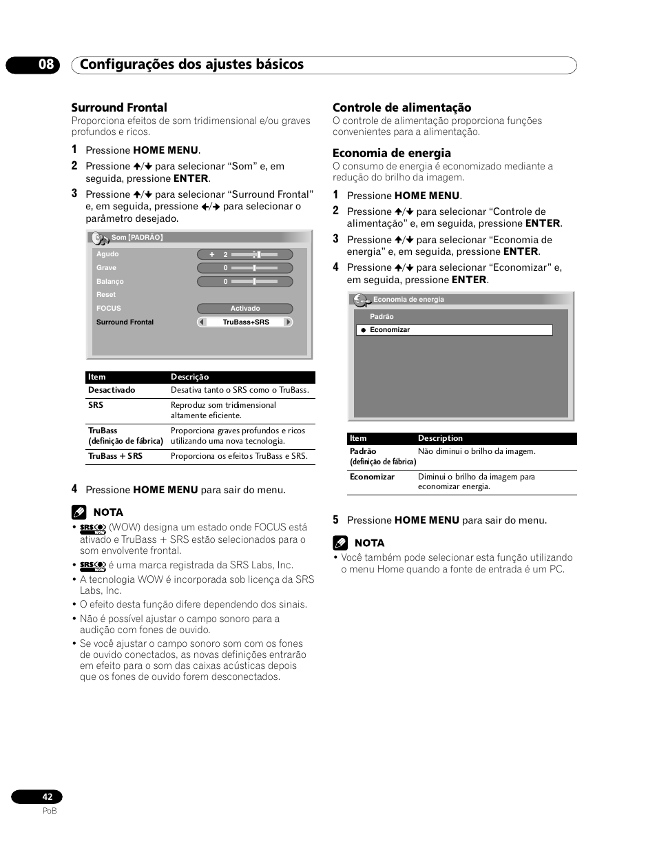 Surround frontal, Controle de alimentação, Economia de energia | 08 configurações dos ajustes básicos | Pioneer PDP-435HDG User Manual | Page 174 / 265