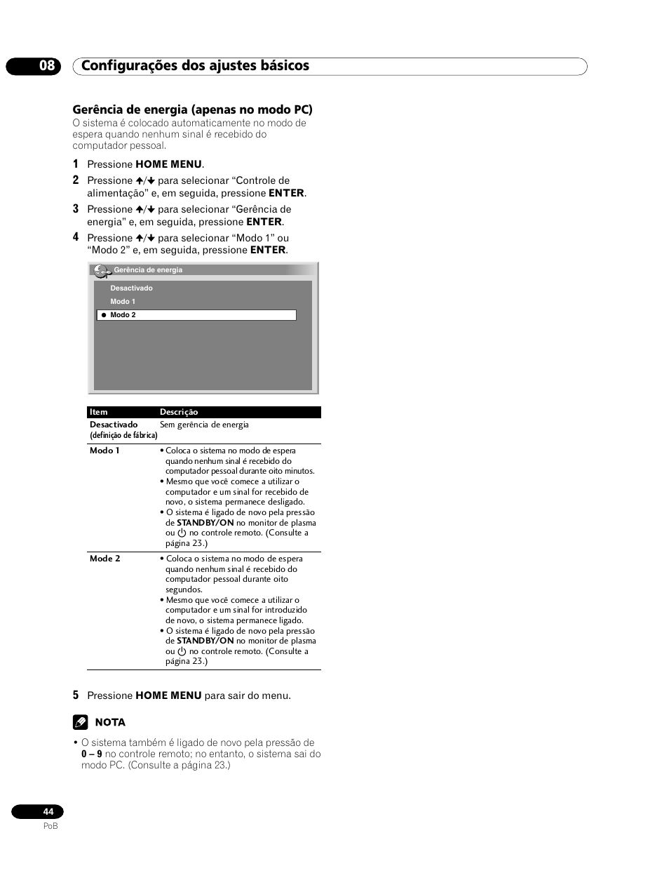 Gerência de energia (apenas no modo pc), 08 configurações dos ajustes básicos | Pioneer PDP-435HDG User Manual | Page 176 / 265
