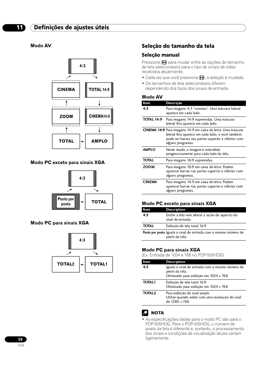 Seleção do tamanho da tela, Seleção manual, 11 definições de ajustes úteis | Pioneer PDP-435HDG User Manual | Page 190 / 265