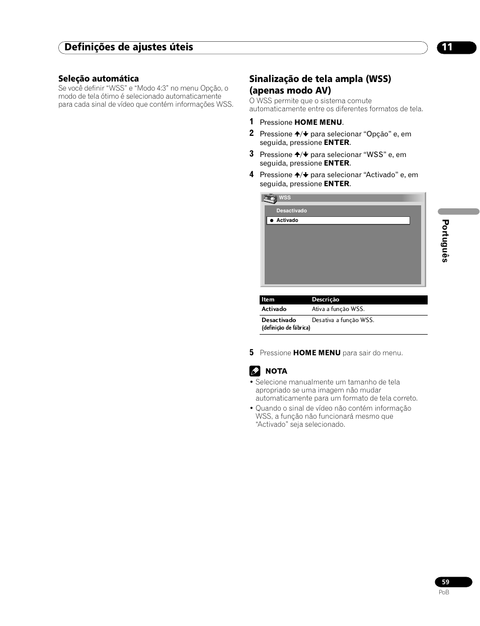 Seleção automática, Sinalização de tela ampla (wss) (apenas modo av), 11 definições de ajustes úteis | Pioneer PDP-435HDG User Manual | Page 191 / 265