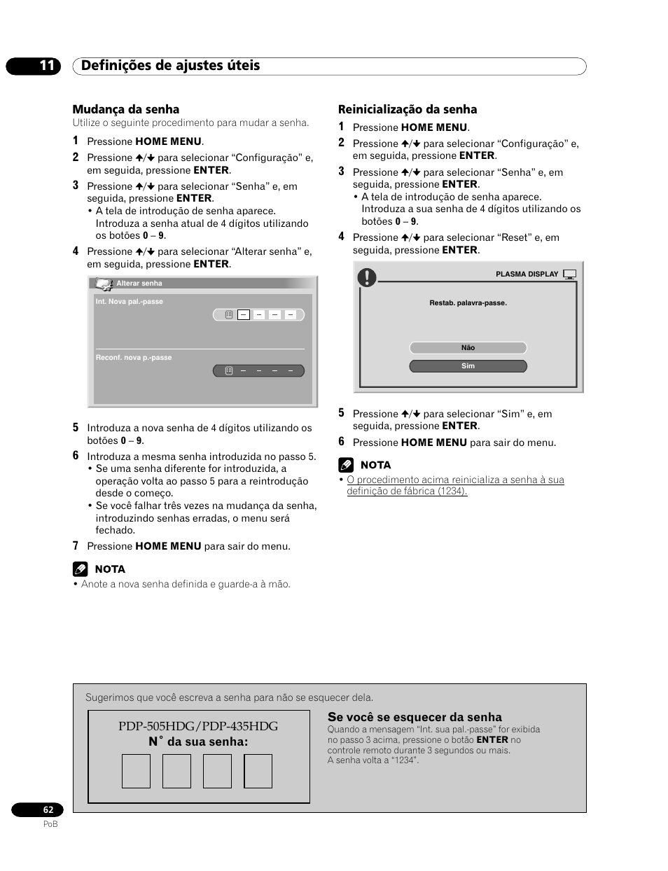 Mudança da senha reinicialização da senha, 11 definições de ajustes úteis | Pioneer PDP-435HDG User Manual | Page 194 / 265