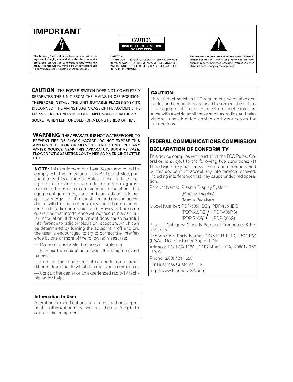 Pioneer PDP-435HDG User Manual | Page 2 / 265