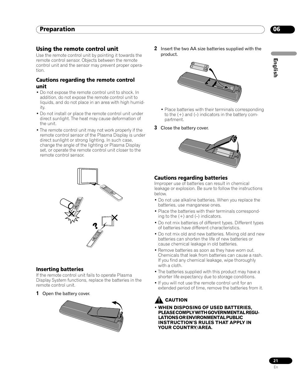 Using the remote control unit, 06 preparation | Pioneer PDP-435HDG User Manual | Page 21 / 265