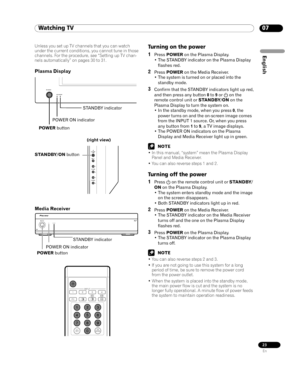 07 watching tv, Turning on the power turning off the power, Turning on the power | Turning off the power | Pioneer PDP-435HDG User Manual | Page 23 / 265