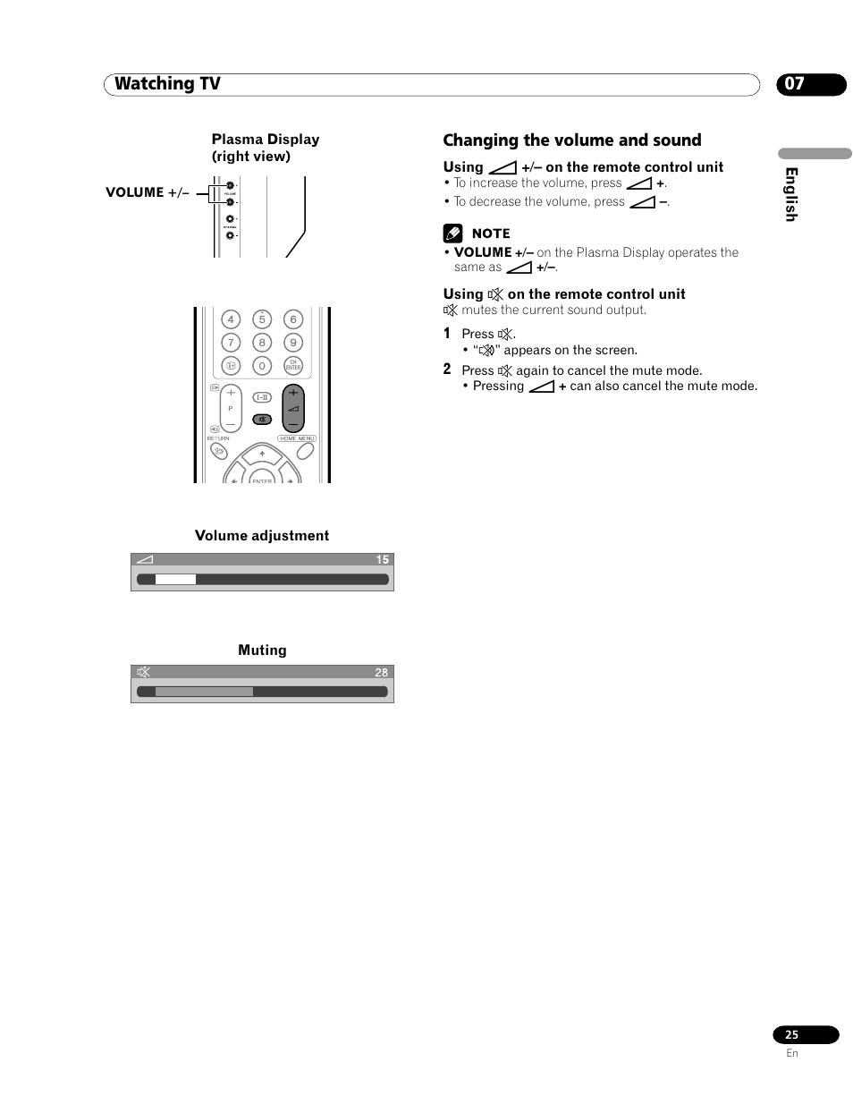 Changing the volume and sound, 07 watching tv | Pioneer PDP-435HDG User Manual | Page 25 / 265