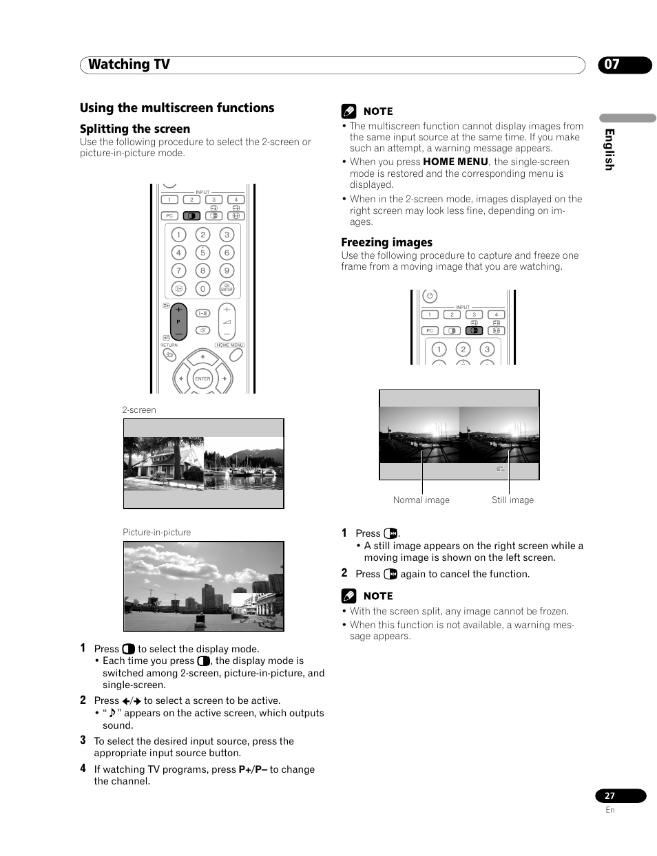 Using the multiscreen functions, Splitting the screen freezing images, 07 watching tv | Pioneer PDP-435HDG User Manual | Page 27 / 265