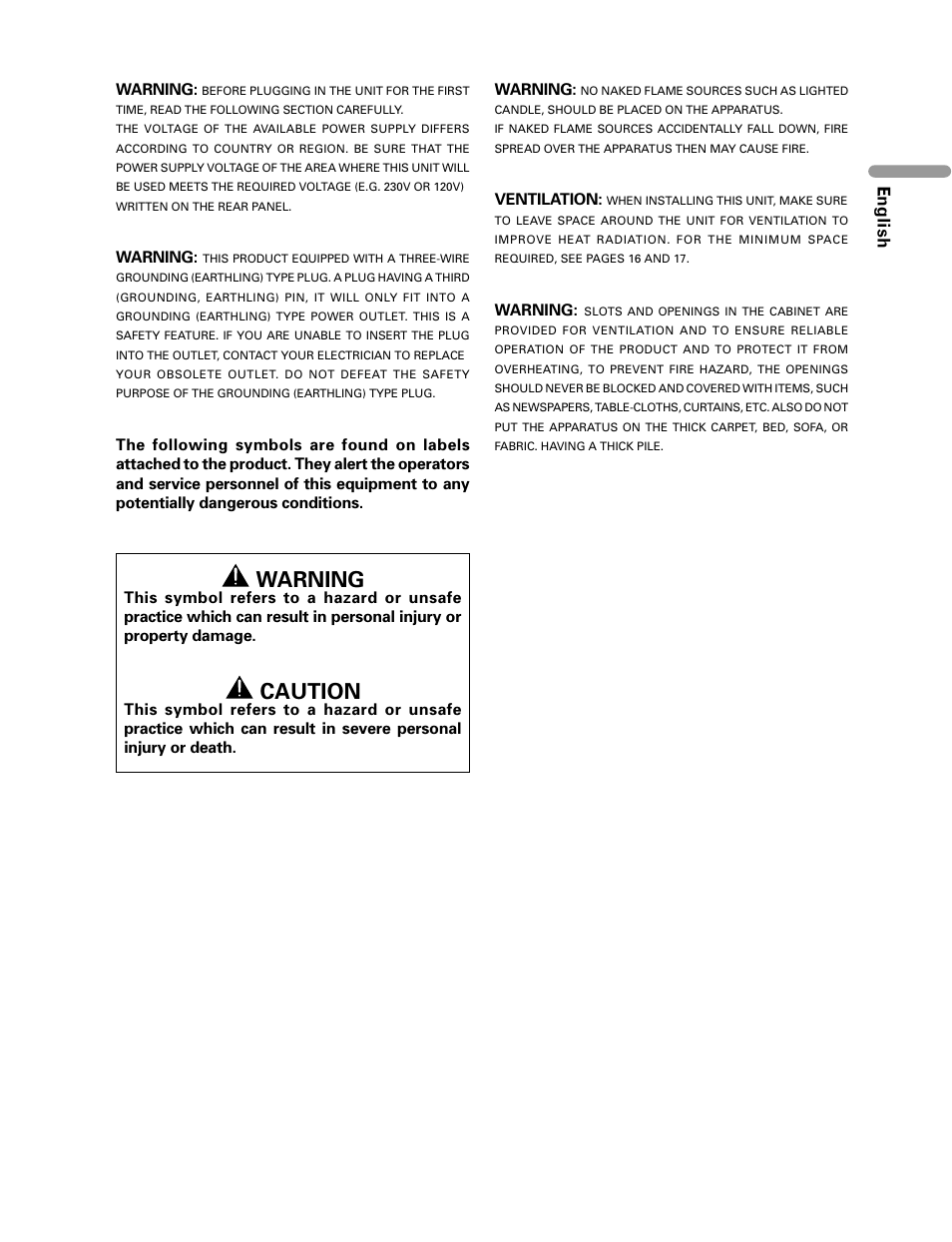 Warning, Caution, English | Pioneer PDP-435HDG User Manual | Page 3 / 265