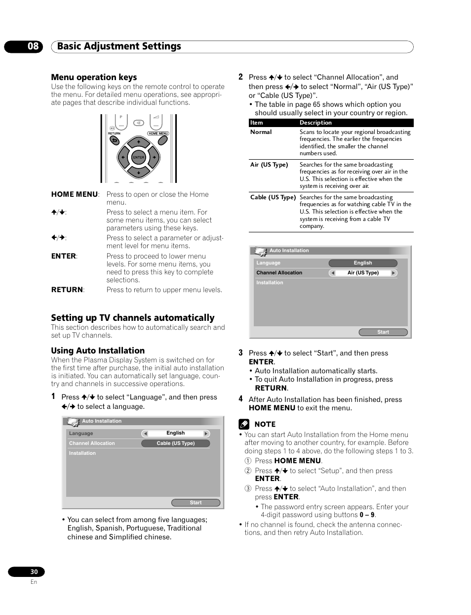 Menu operation keys, Setting up tv channels automatically, Using auto installation | 08 basic adjustment settings | Pioneer PDP-435HDG User Manual | Page 30 / 265