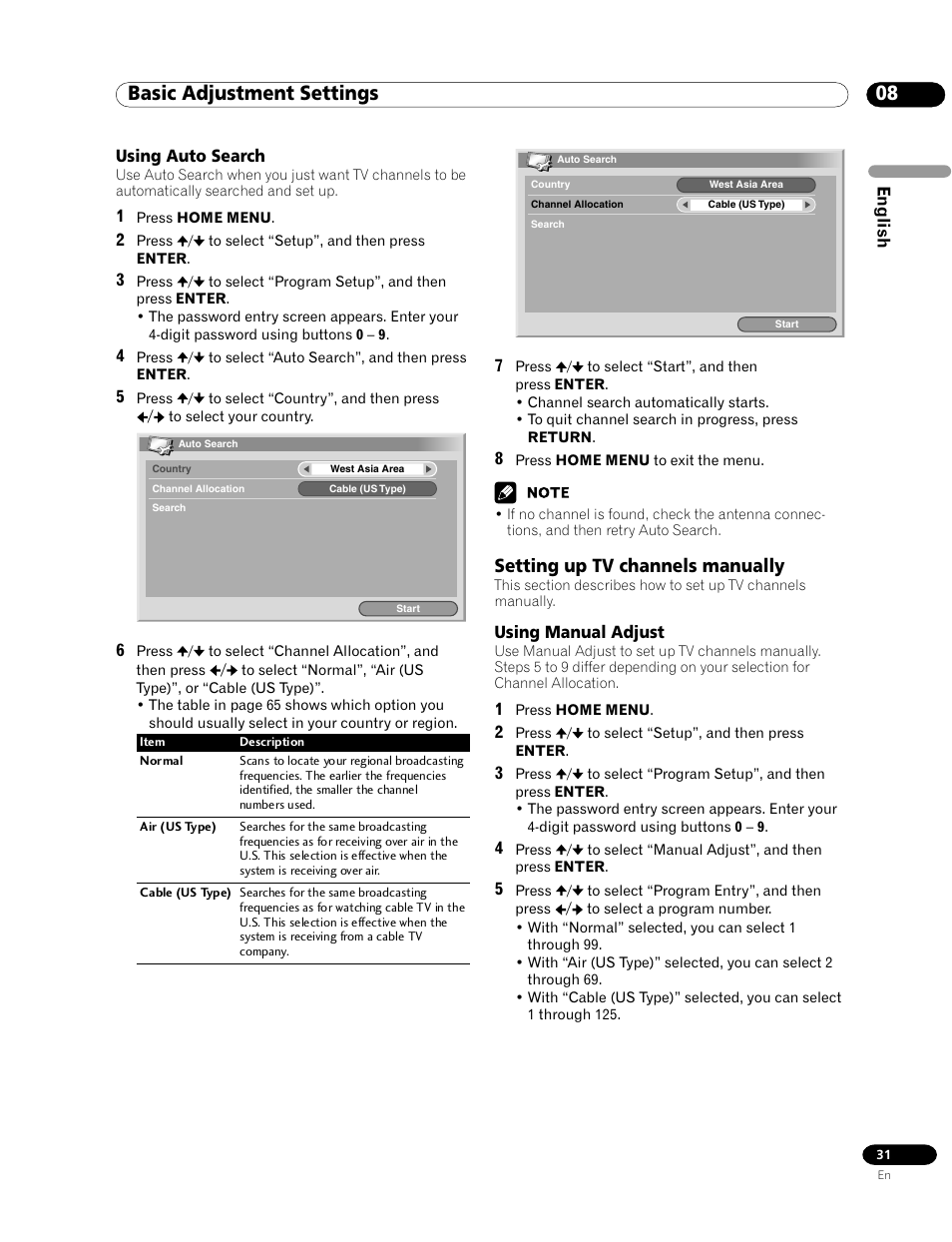 Using auto search, Setting up tv channels manually, Using manual adjust | 08 basic adjustment settings | Pioneer PDP-435HDG User Manual | Page 31 / 265