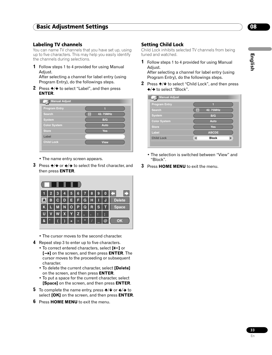 Labeling tv channels setting child lock, 08 basic adjustment settings, English | Labeling tv channels, Setting child lock | Pioneer PDP-435HDG User Manual | Page 33 / 265