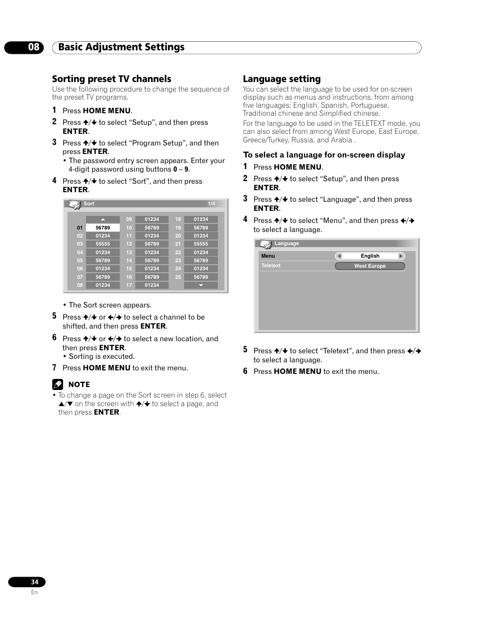Sorting preset tv channels language setting, 08 basic adjustment settings, Sorting preset tv channels | Language setting | Pioneer PDP-435HDG User Manual | Page 34 / 265