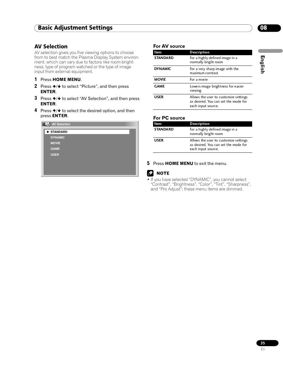 Av selection, 08 basic adjustment settings | Pioneer PDP-435HDG User Manual | Page 35 / 265