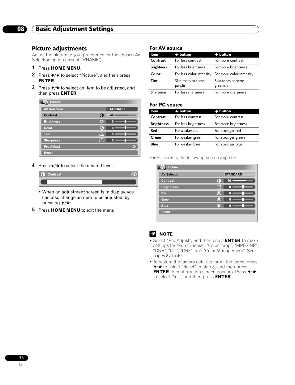 Picture adjustments, 08 basic adjustment settings | Pioneer PDP-435HDG User Manual | Page 36 / 265