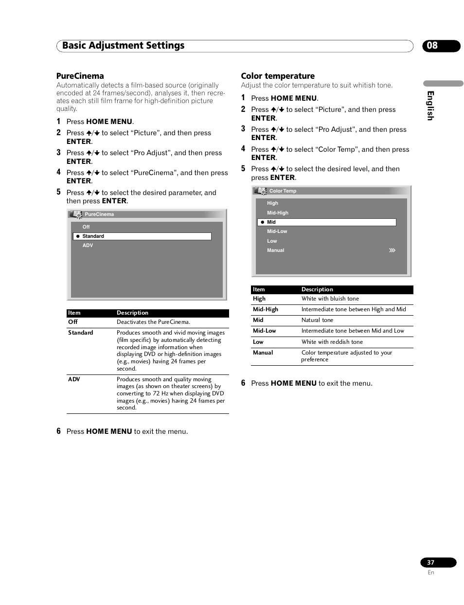 Purecinema color temperature, 08 basic adjustment settings | Pioneer PDP-435HDG User Manual | Page 37 / 265