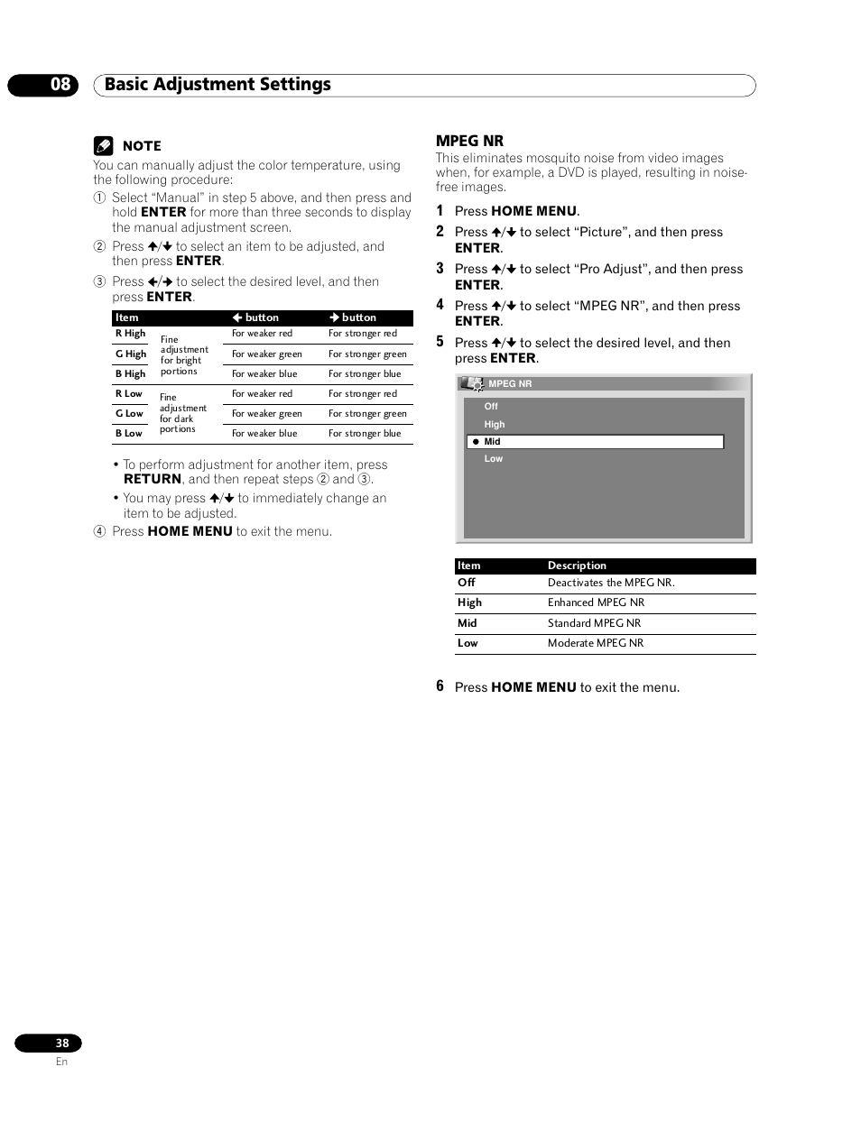 Mpeg nr, 08 basic adjustment settings | Pioneer PDP-435HDG User Manual | Page 38 / 265