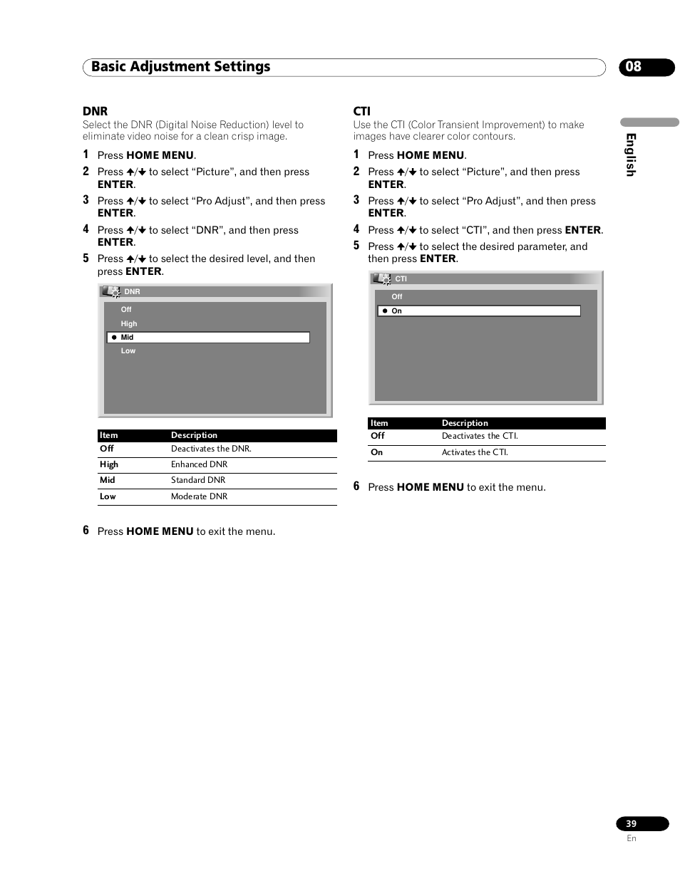 Dnr cti, 08 basic adjustment settings | Pioneer PDP-435HDG User Manual | Page 39 / 265