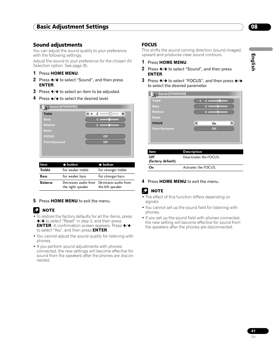 Sound adjustments, Focus, 08 basic adjustment settings | English | Pioneer PDP-435HDG User Manual | Page 41 / 265