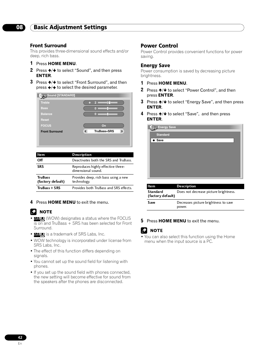 Front surround, Power control, Energy save | 08 basic adjustment settings | Pioneer PDP-435HDG User Manual | Page 42 / 265