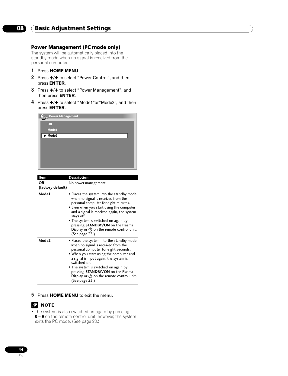 Power management (pc mode only), 08 basic adjustment settings | Pioneer PDP-435HDG User Manual | Page 44 / 265