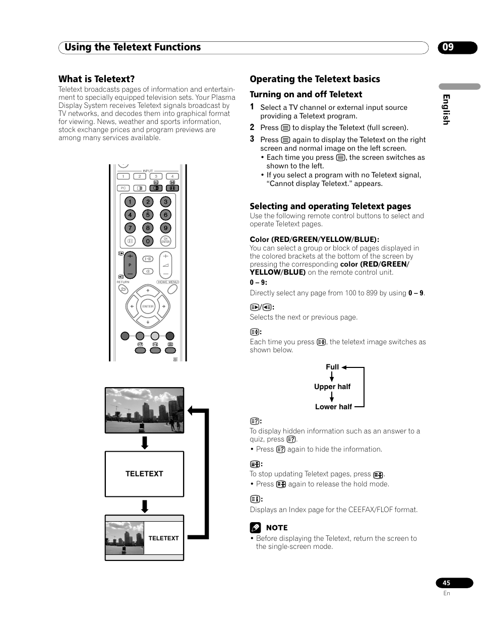 09 using the teletext functions, What is teletext? operating the teletext basics, What is teletext | Operating the teletext basics | Pioneer PDP-435HDG User Manual | Page 45 / 265