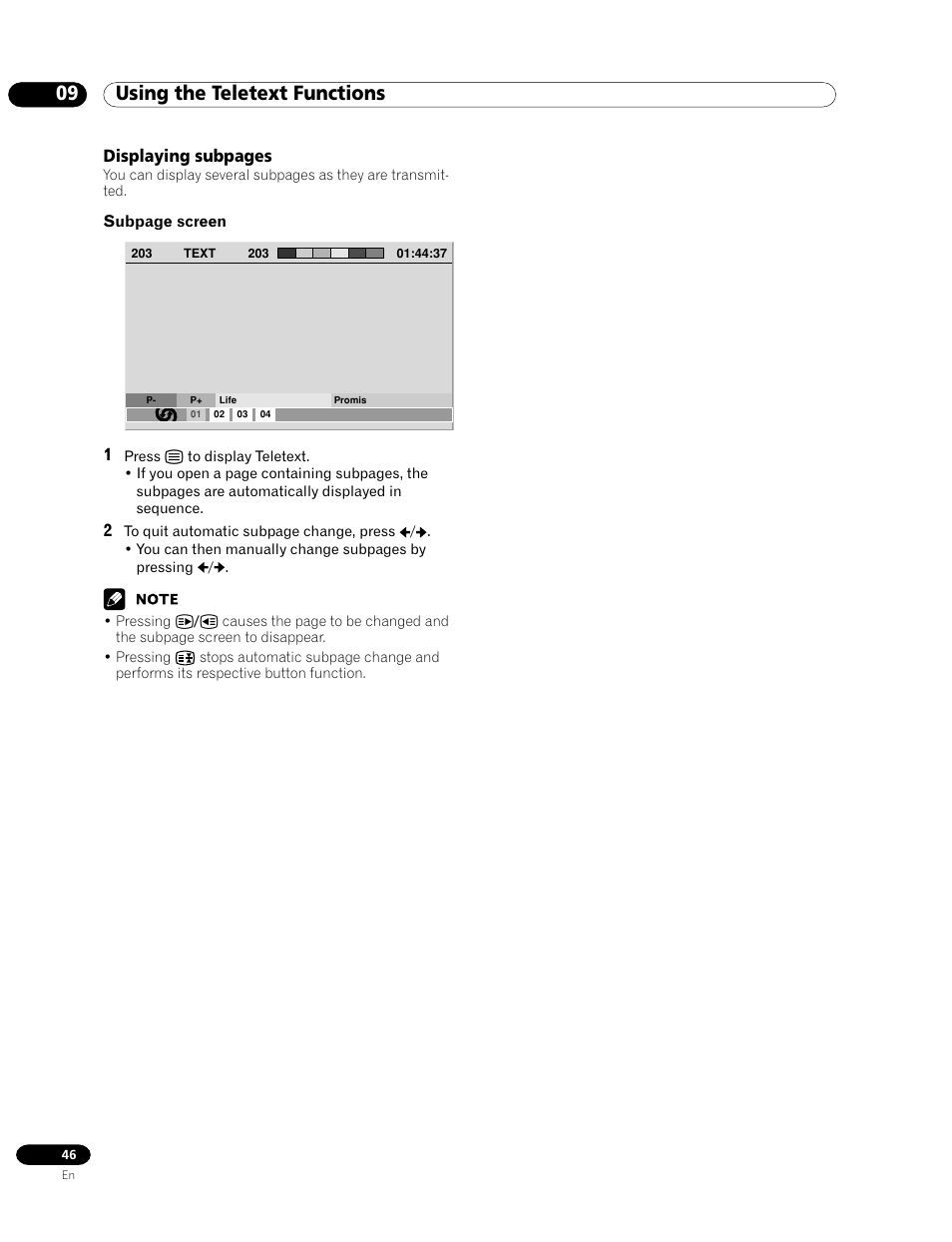 09 using the teletext functions, Displaying subpages | Pioneer PDP-435HDG User Manual | Page 46 / 265