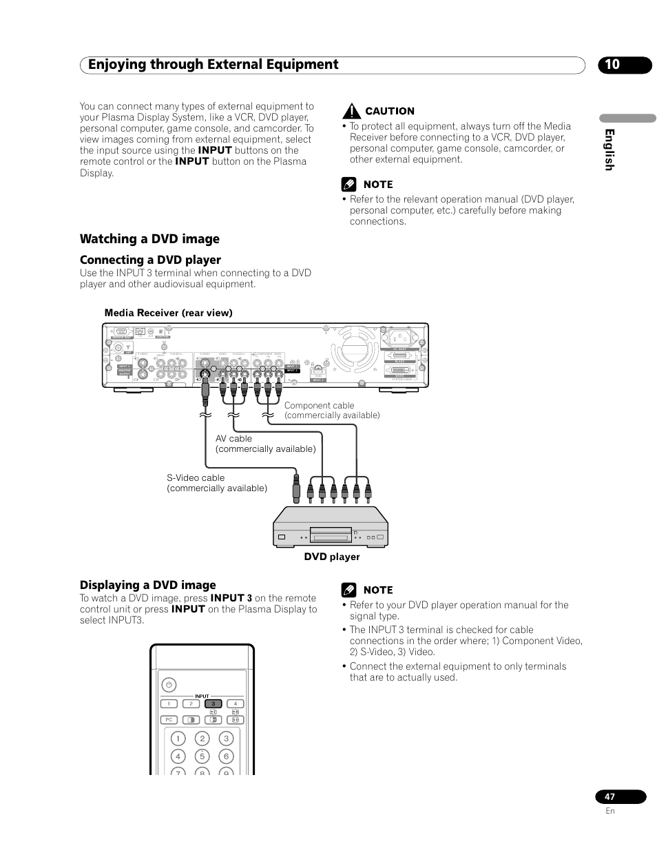 10 enjoying through external equipment, Watching a dvd image, Connecting a dvd player displaying a dvd image | English, Connecting a dvd player, Displaying a dvd image, Component cable (commercially available) | Pioneer PDP-435HDG User Manual | Page 47 / 265